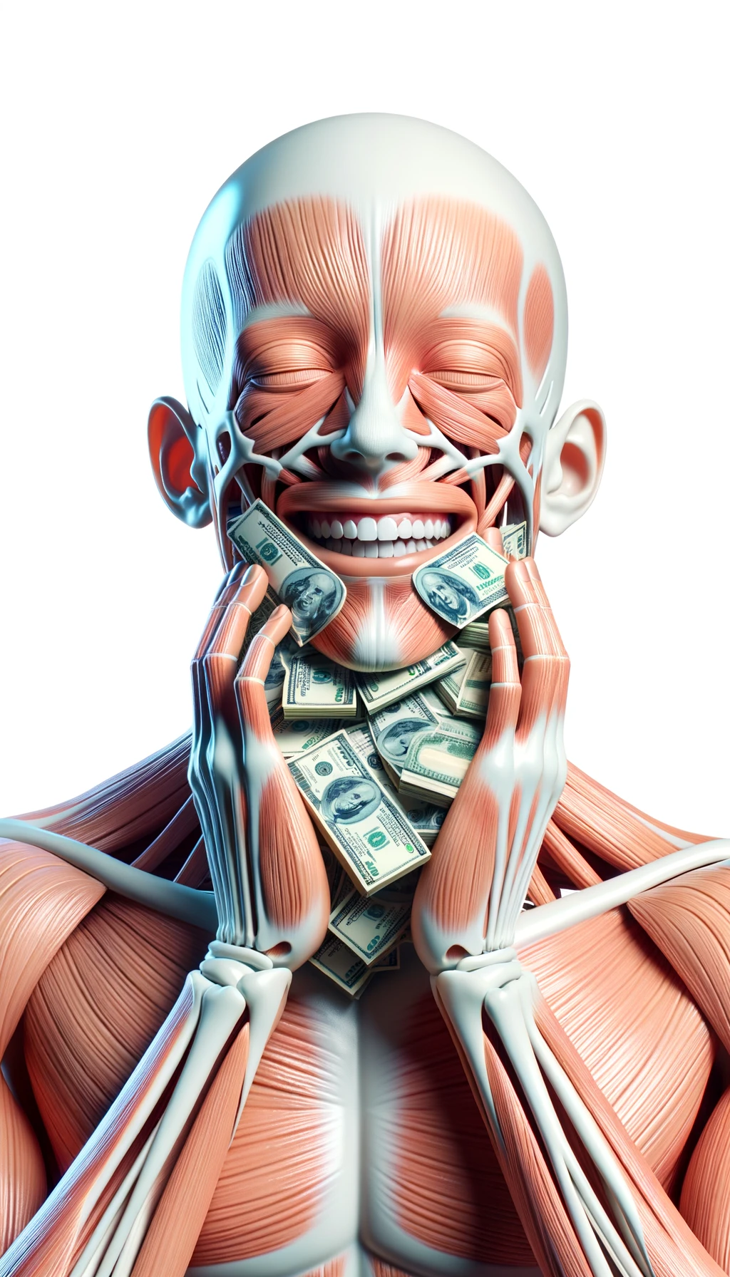 corpo umano anatomico sereno e felice con una montagna di soldi davanti al viso, espressione stupita, iperrealistica 4k, isolato su sfondo bianco emoji
