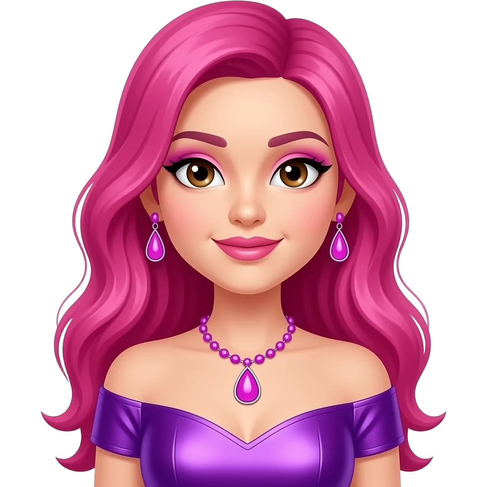 YammyXOX with brown eyes, long fuchsia hair, fuchsia eyeshadow, pink lipstick, purple metallic off-shoulder dress, hot pink necklace and earrings emoji