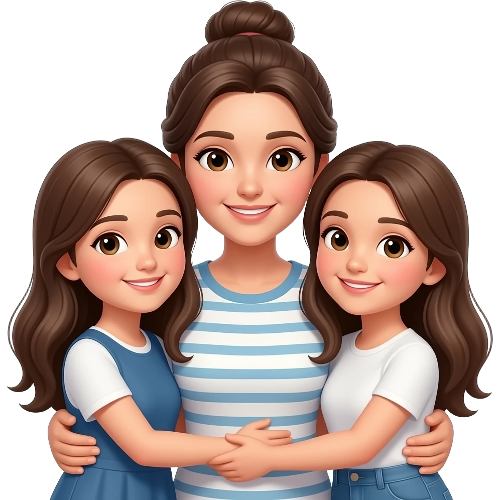 Madre con moño y dos hijas pelo largo 13 y 15 años abrazadas emoji