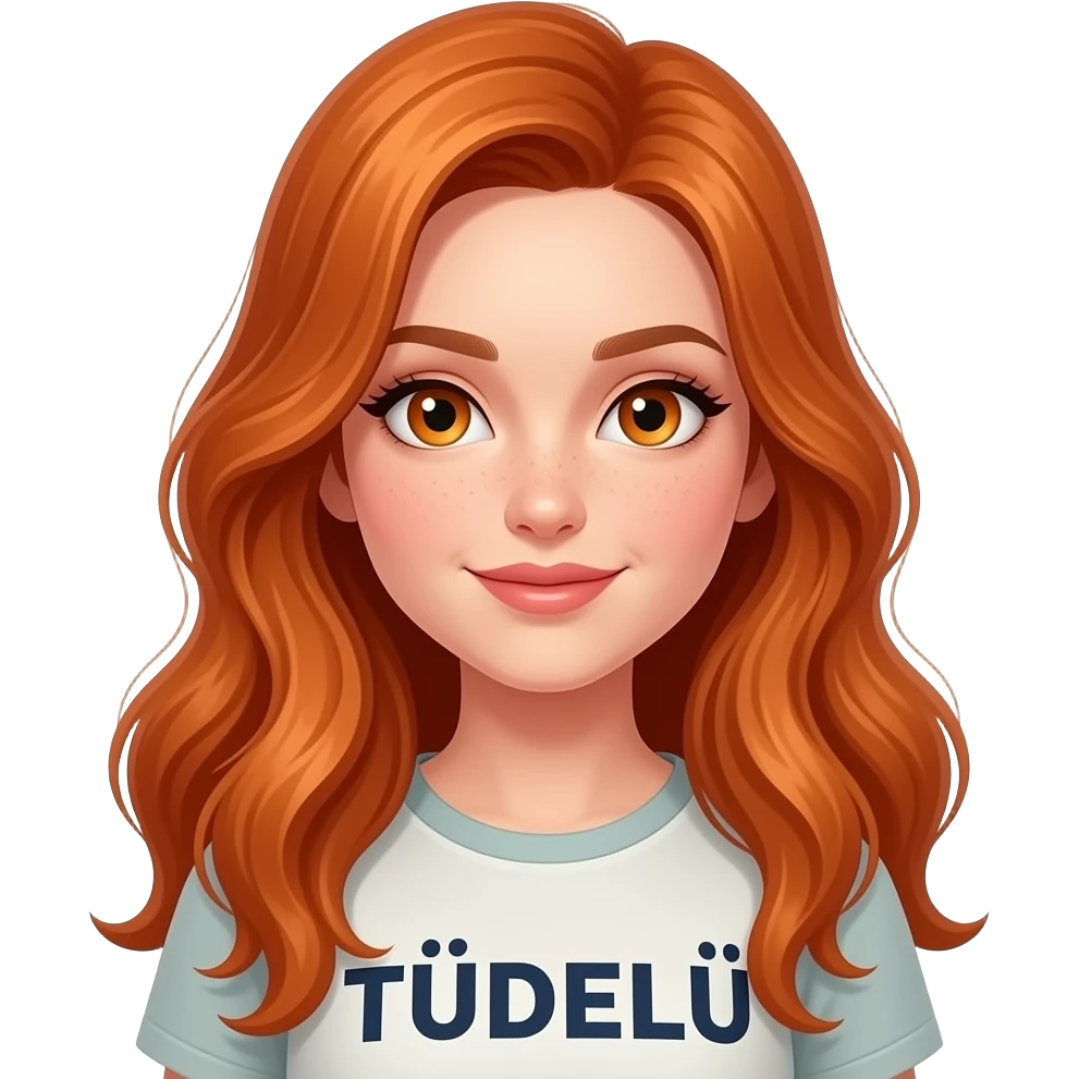 sexy girl with long ginger hair and ginger eyes a top with TÜDELÜ written on it emoji