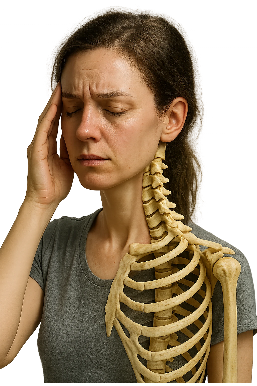donna stanca che si tiene una mano sulla tempia con spina dorsale anatomica visibile, iperrealistico 4k emoji