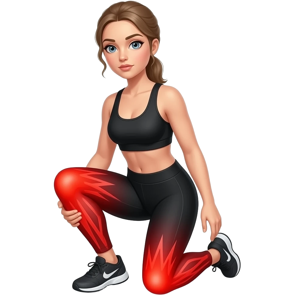leg pain, full red glow covering both legs from hips to feet, woman holding one leg, fair-skinned woman, gray-blue eyes, ash brown brows, ash light brown hair tied back, slim athletic body, black workout set emoji