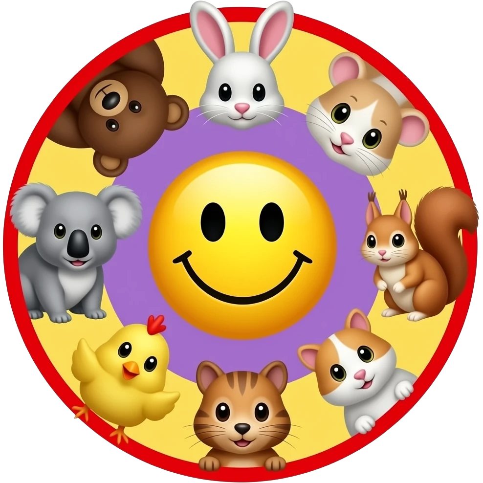 emoji yellow smiley in the center,serounded in a circle  with 🐻🐰🐹🐨🐥🐿 🐈 yellow and purple background with red circle line emoji