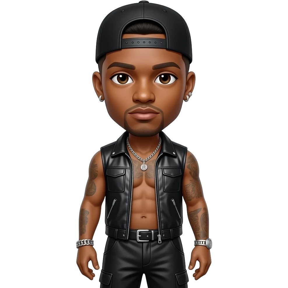 K-Ci from Jodeci with dark brown eyes, black short fade hair, black cap, black metallic vest, black metallic baggy pants, shirtless necklace and earrings emoji