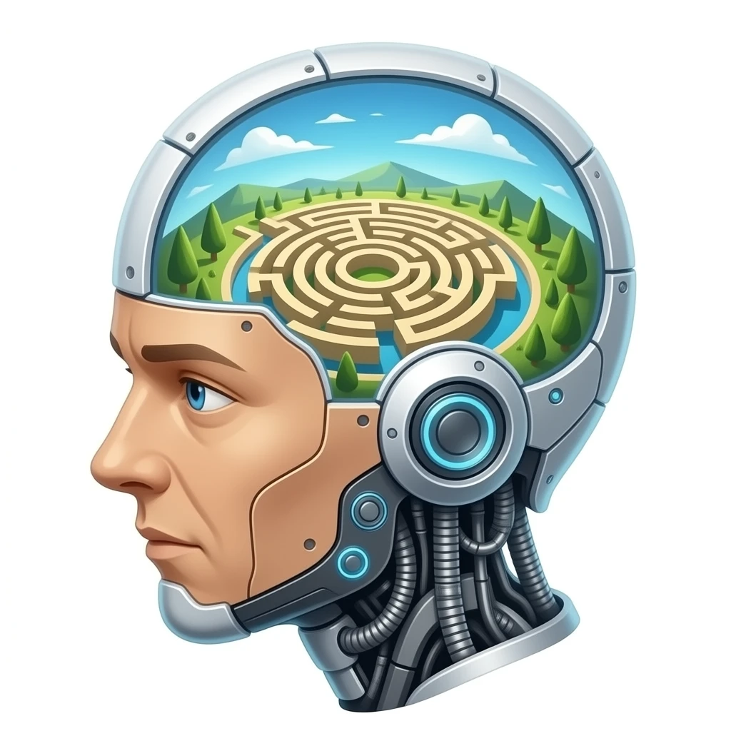 a view from above into an open futuristic cybernetic head that contains the space of an ancient labyrinth emoji
