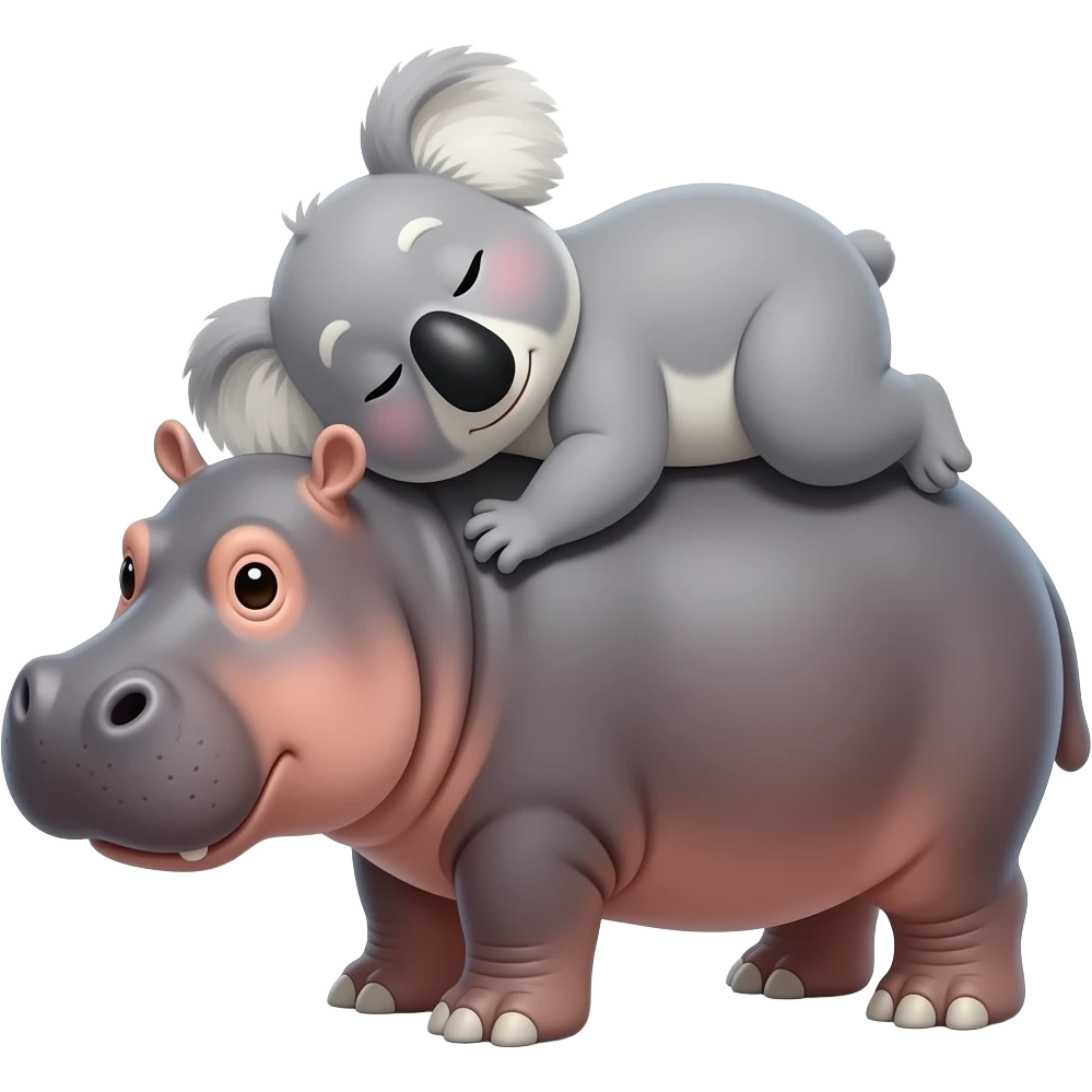 koala laying on back. Hippo laying on top of it. Koala legs wrapped around hippo. Best friends snuggling.  Koala legs fully wrapped all around entire hippo closely. Hippo legs touching ground. emoji