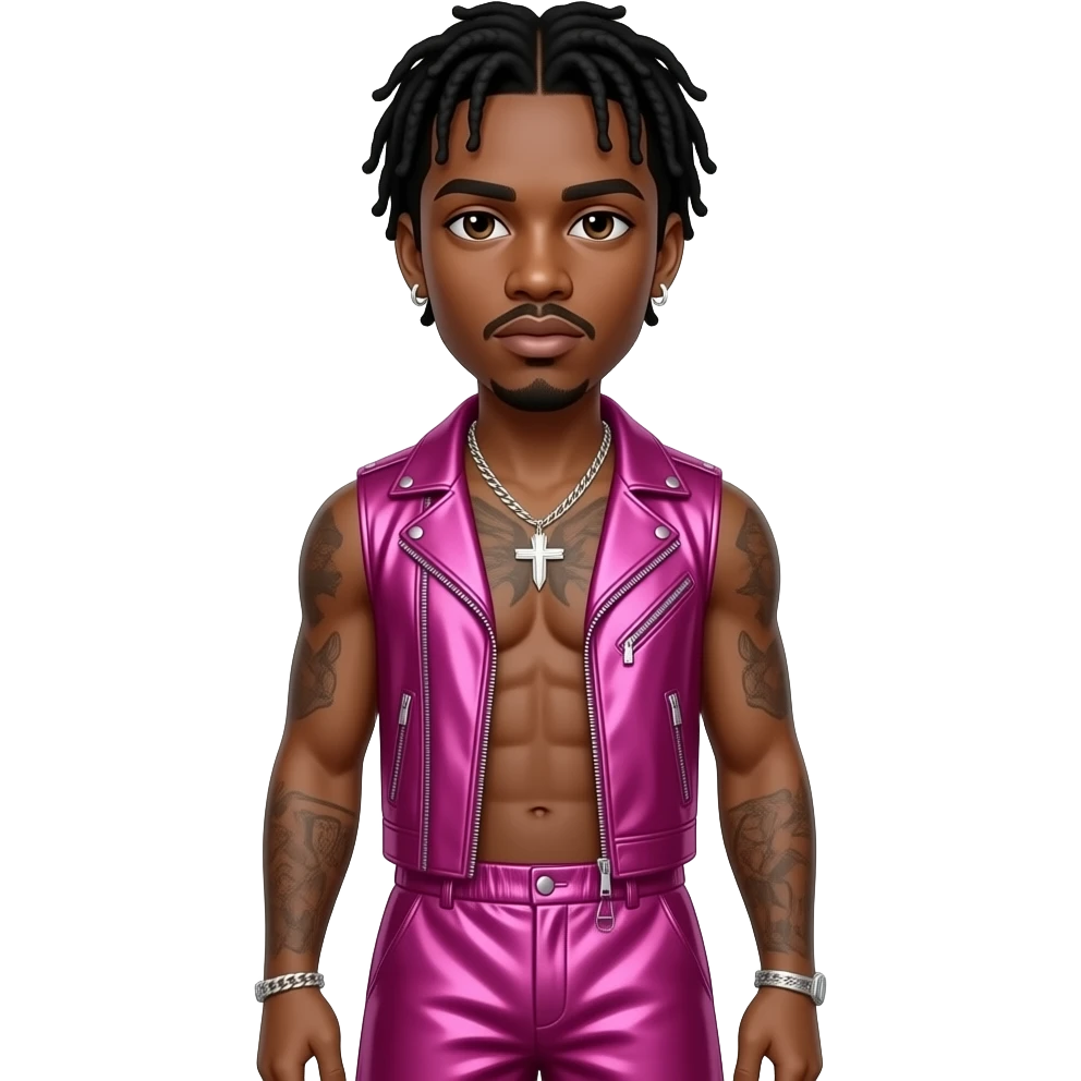 Lil Nas X with brown eyes, black hair, fuchsia metallic vest, fuchsia metallic baggy loose skirt, shirtless with necklace and earrings emoji