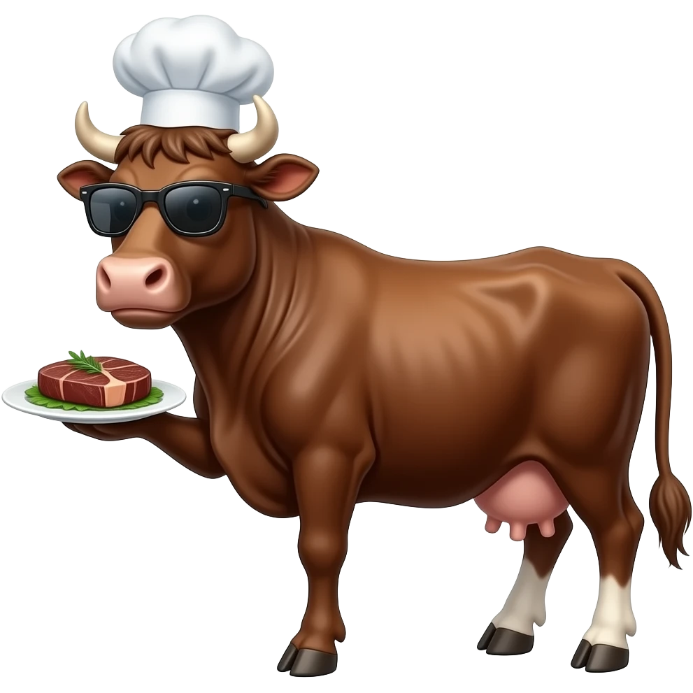 a cool male brown cow with chef hat sunglasses serving you a steak, 3 leg on ground, 1 leg hold the dish emoji
