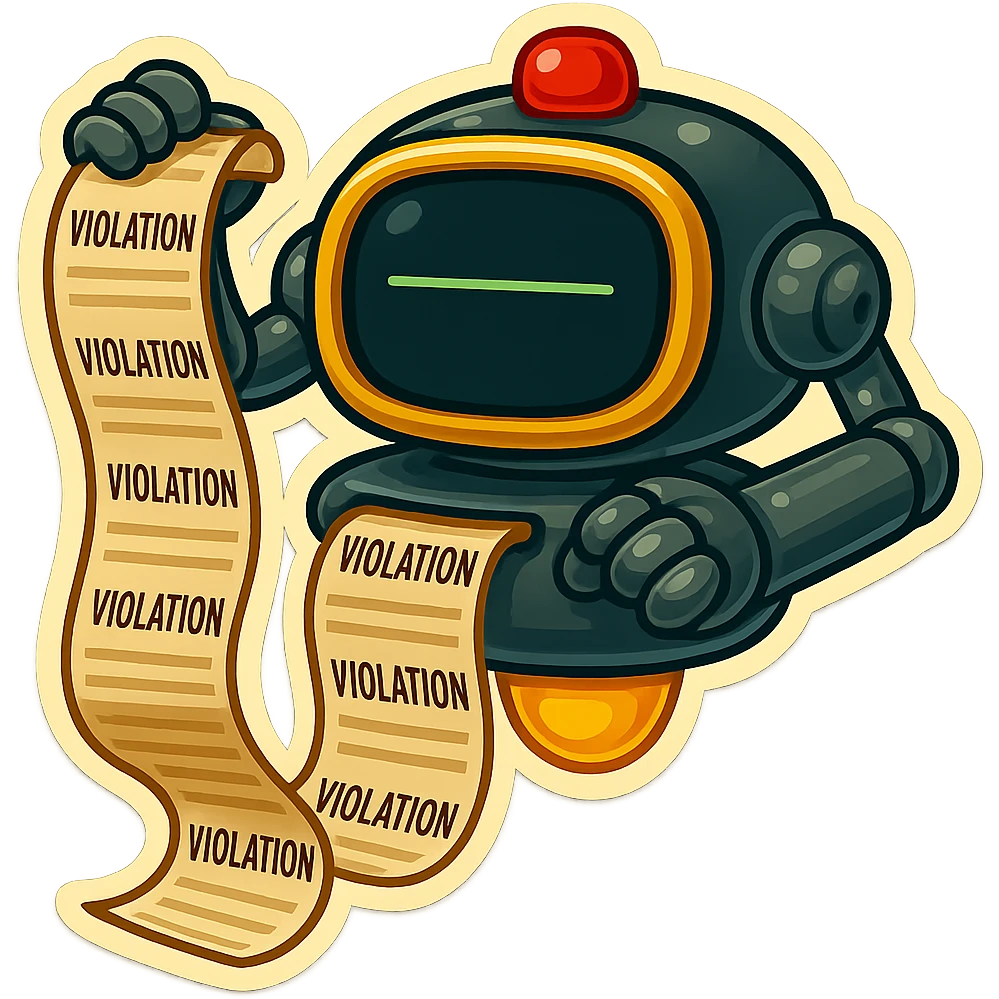 auditor robot prints out violations from benieth screen no legs. the robot hovers emoji