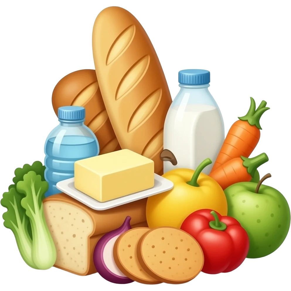 a pile of food items such as bread, butter, water, milk, vegetables, fruits, etc. emoji
