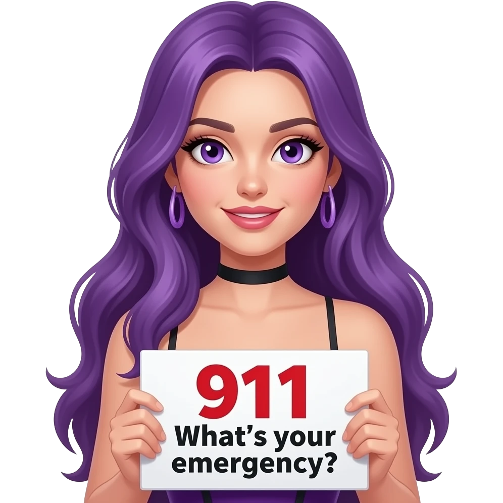 sexy girl with long purple hair and purple eyes wearing a sexy dress holding a 911 What's your emergency? sign emoji