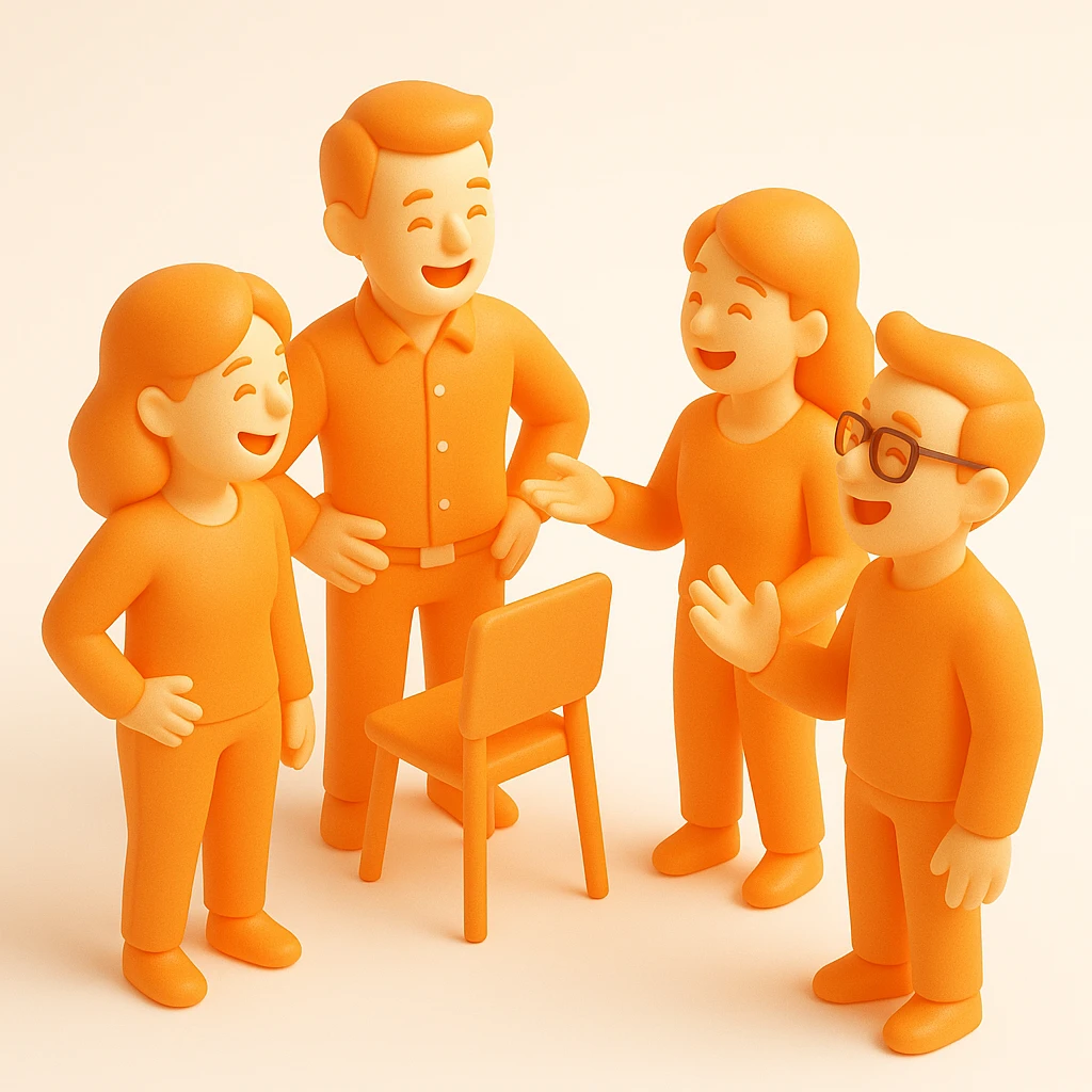 group of 3D orange style employees, two men and two women, laughing and talking in a casual office setting emoji