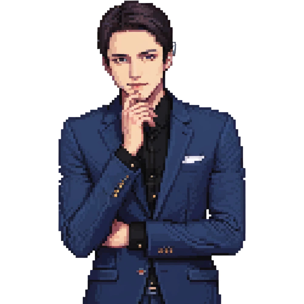 Flat pixel art, focused and reserved male thinker, fair skin, short sleek dark hair, intense sharp eyes, wearing a deep indigo suit jacket over a black shirt, left hand thoughtfully touching chin, waist-up, front-facing emoji