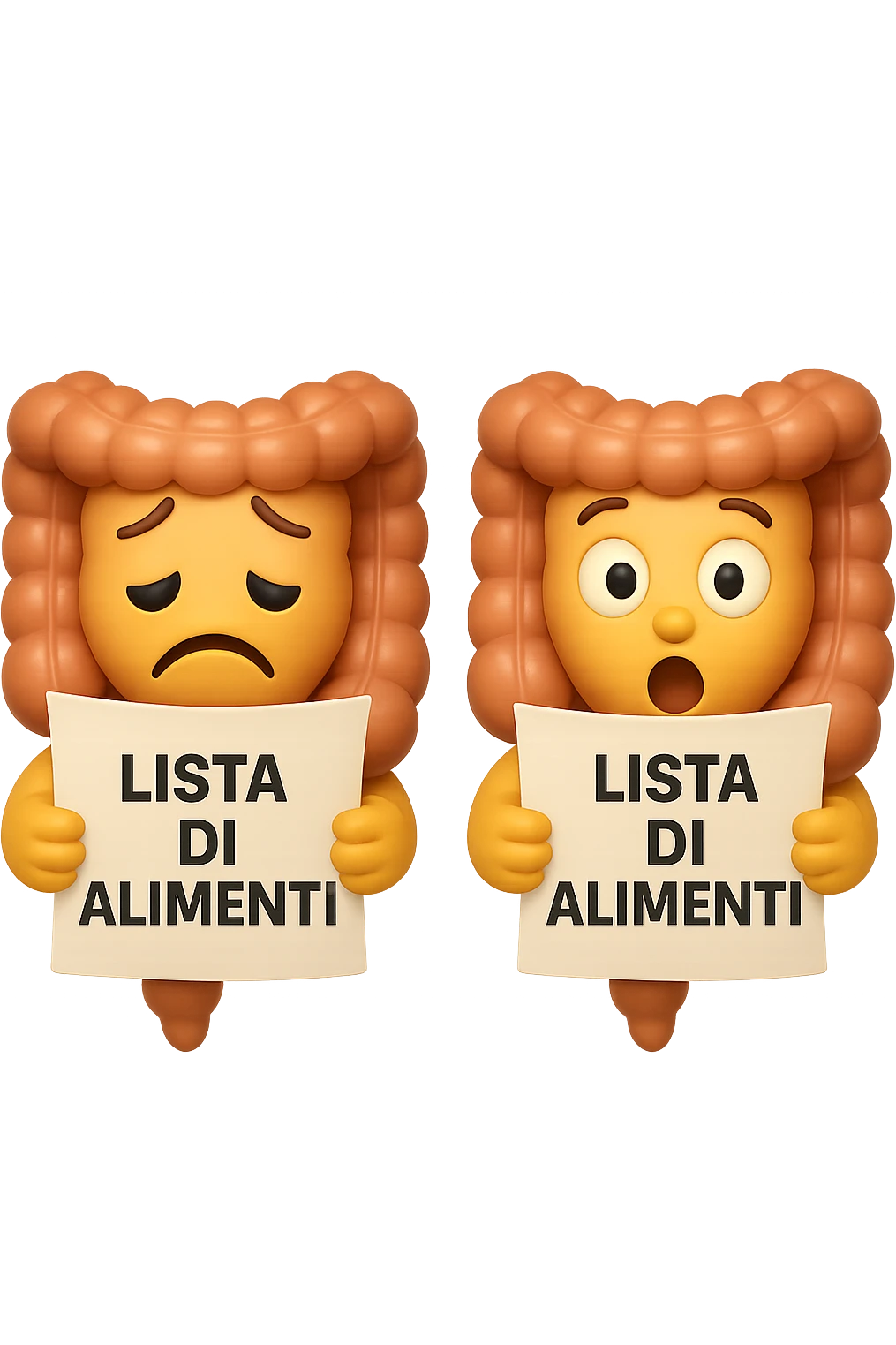 EMOJI STILE IPHONE DI UN INTESTINO CHE LEGGE UN FOGLIO CON LA SCRITTA "lista di alimenti" ed espressione triste in volto, ESPRESSIONE STUPITA IN VOLTO, IPERREALISTICO 4K emoji
