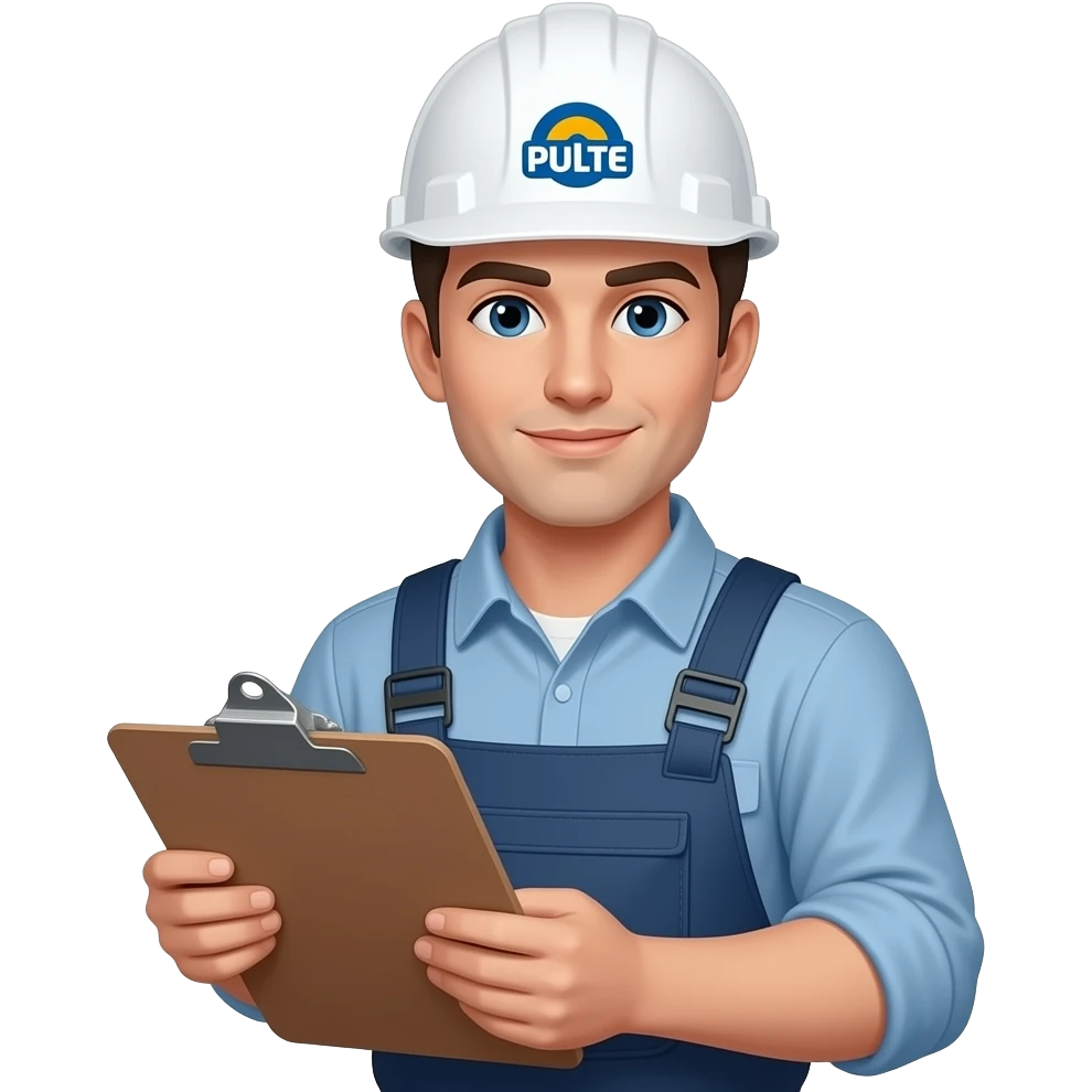 Blue collar worker with clip board and Pulte on his hard hat emoji