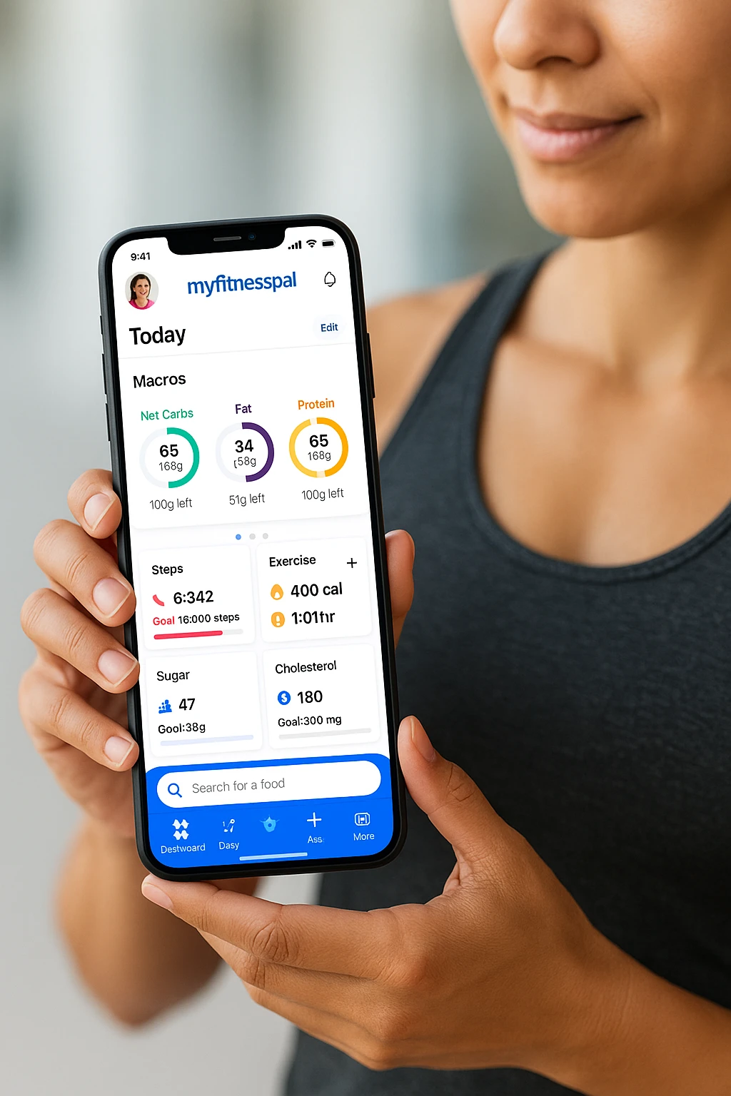 Donna sportiva che usa app contacalorie come myfitnesspal emoji