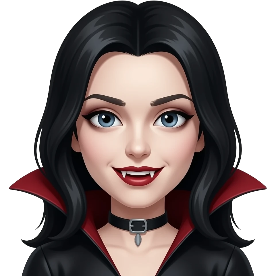 Black hair vampire girl  shaped nose facing forward with fangs showing emoji