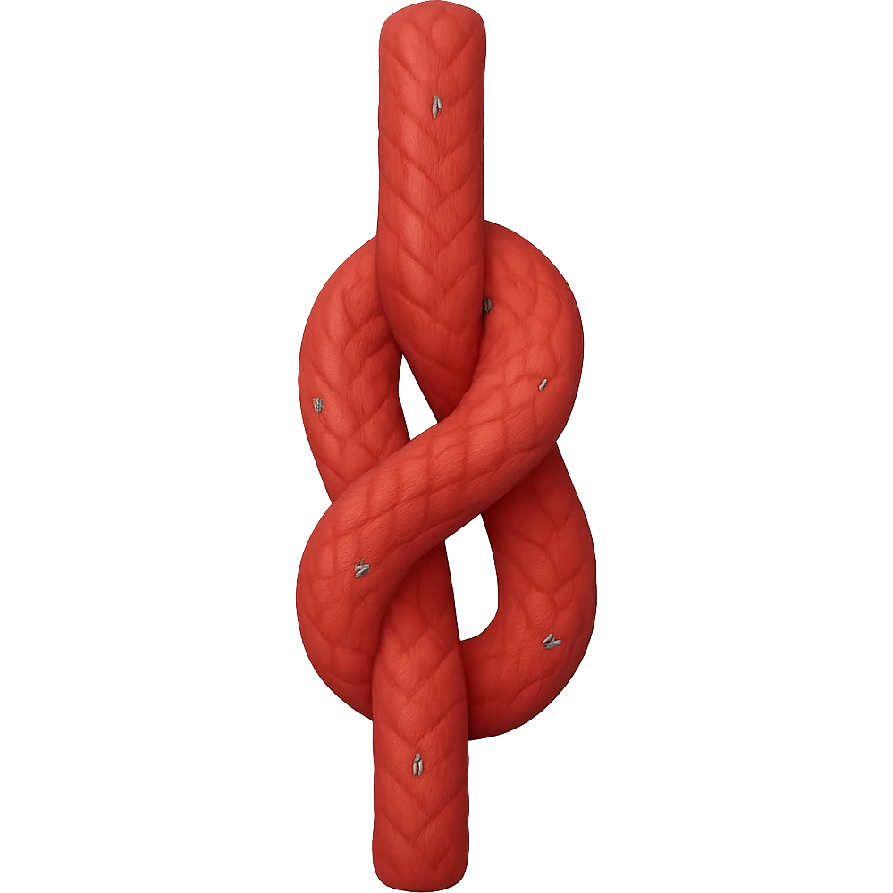 Create an apple-style emoji of a realistic red rope tied in a simple vertical knot. The knot should be clear and clean, not resembling a pretzel. The style should match classic Apple emoji aesthetics with a transparent background. Use the reference image for details and orientation. emoji