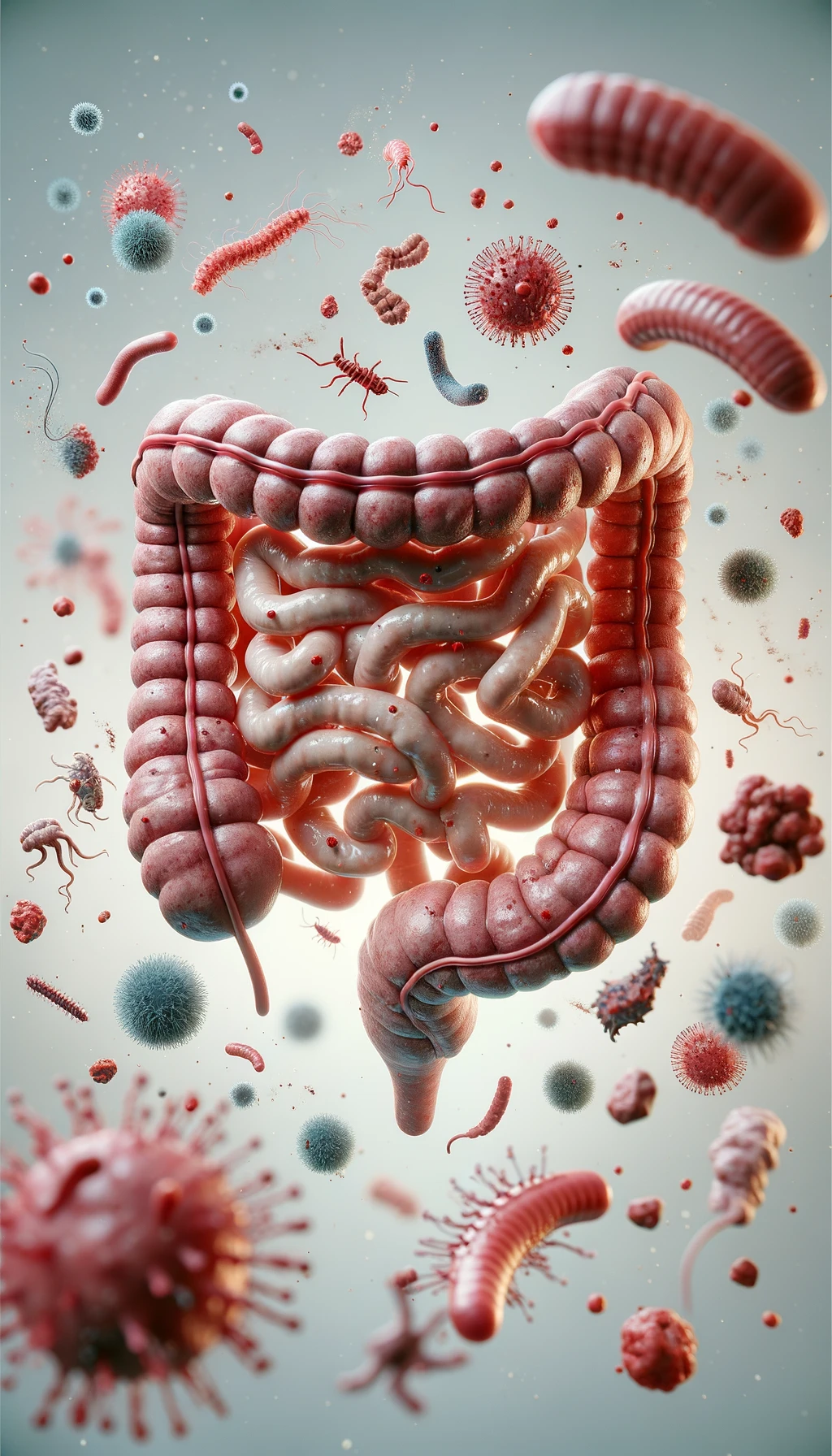 intestino umano realistico con batteri e parassiti che gli fluttuano intorno, sfondo chiaro, iperrealistico 4k emoji