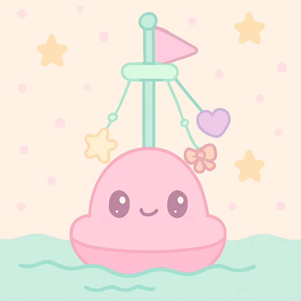 girly buoy floating in the sea, decorated with pendants, playful and feminine style, cute, charming, pastel colors emoji