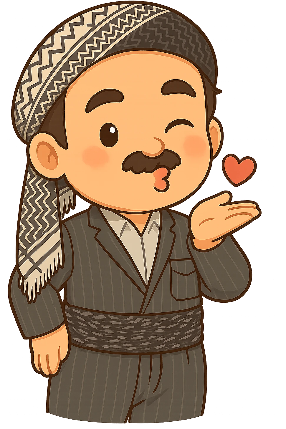 Cartoon sticker of a Kurdish man with the same clothes and scarf as the reference image, no changes to clothes or scarf, face with a kissing and winking expression similar to emoji 😘, colorful and cheerful, no shadows or color halos around the image, no text, suitable for WhatsApp and Instagram, fully transparent background. emoji
