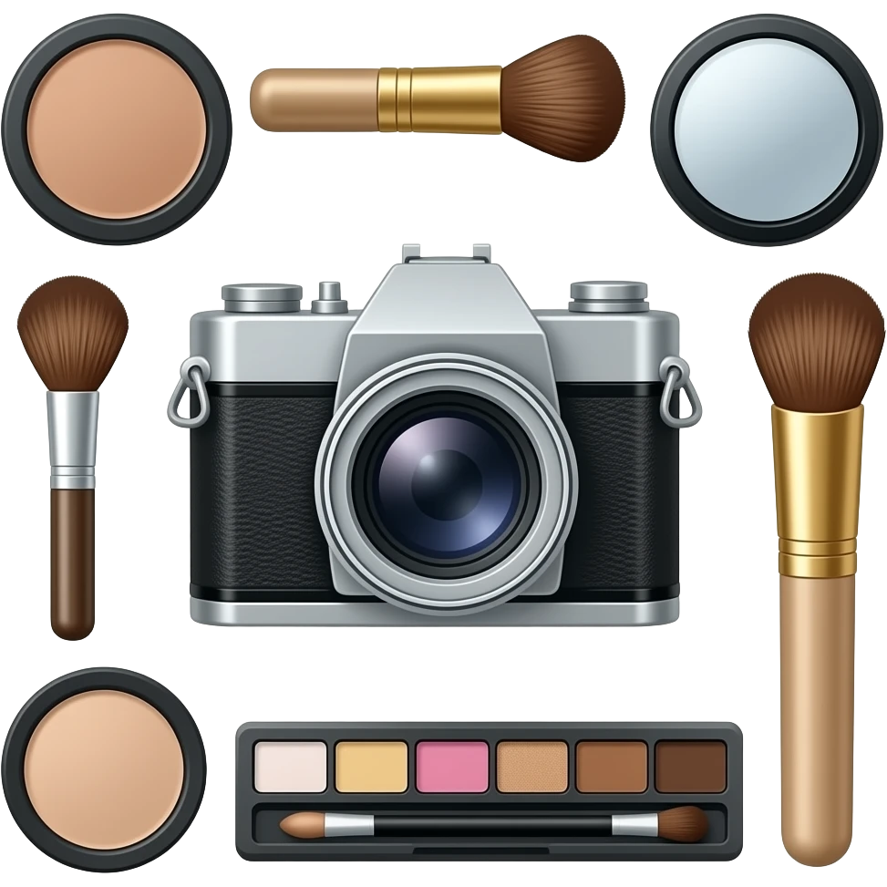 composition of make-up accessories with vintage camera obscura emoji