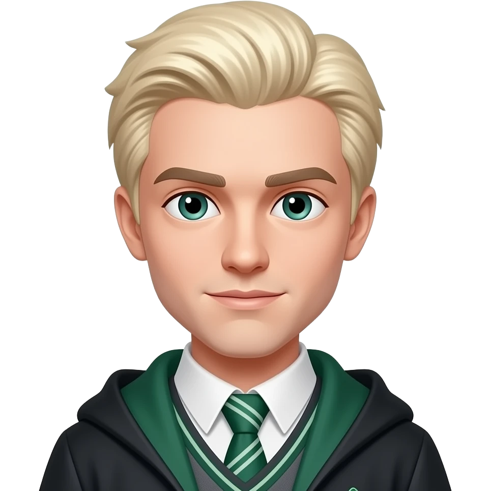 Draco Malfoy emoji, teenage boy age 15–16, Apple style, clean 3D, soft gradients, pale blond slicked-back hair, sharp features, Slytherin green accents, minimal icon, centered, white background, high detail emoji