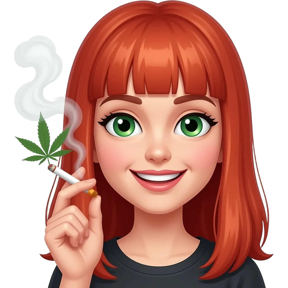 Red headed girl smoking weed. With smoke. Green eyes. Smiley and flirty emoji