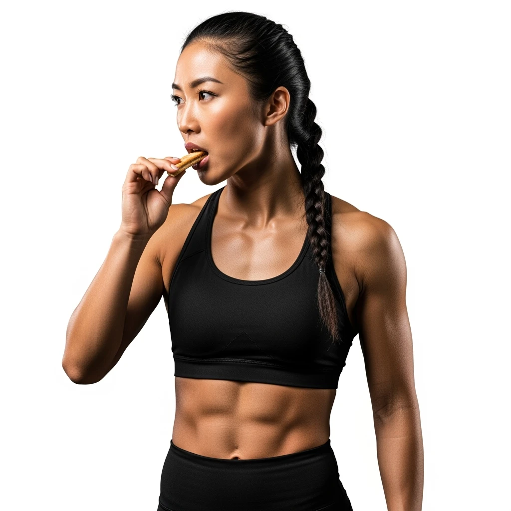 DONNA FITNESS CHE MASTICA CIBO, IPERREALISTICA 4K, SENZA SFONDO emoji