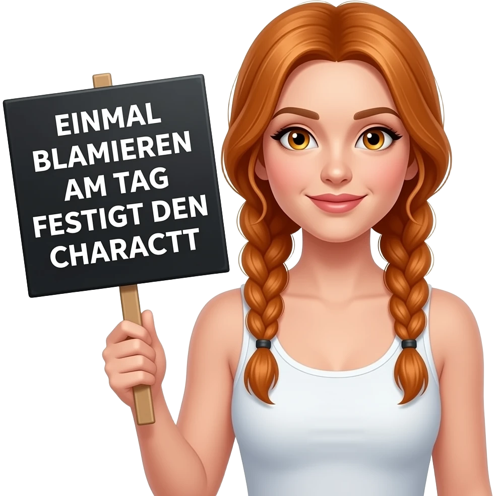 sexy girl with long ginger braids and ginger eyes wearing a white tanktop holds a black sign with EINMAL BLAMIEREN AM TAG FESTIGT DEN CHARAKTER written on it emoji