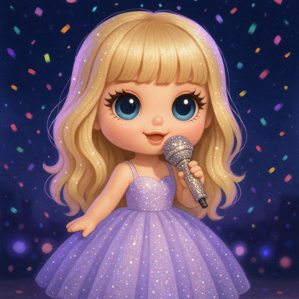 Pretty and girly Blonde pop star with bangs wearing a sparkly tulle light purple ballgown, holding a bedazzled microphone, reimagined as a cute doll, with a nighttime concert backdrop with colorful confetti emoji
