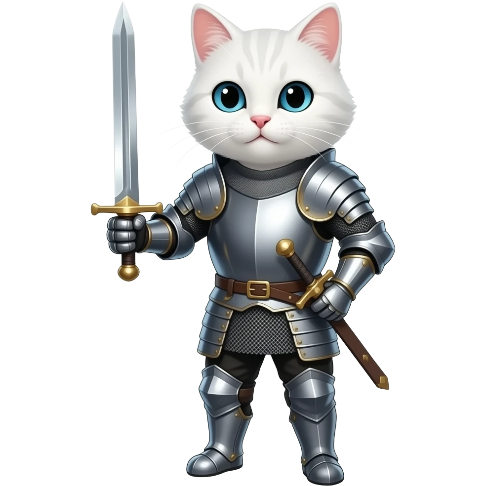білий кіт  в французських обладунках з мечем в повний зріст emoji