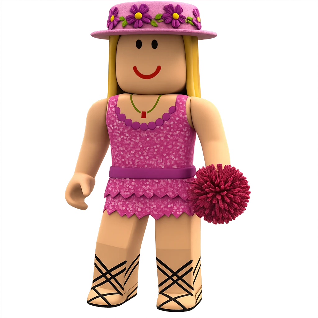 Extract only the character in a pink dress and hat (third from left) from the image, place it on a transparent background, and keep the original Roblox style and appearance. emoji