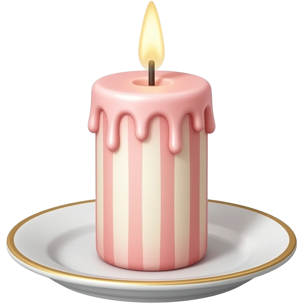 Thin tall neat petite cute slim dainty narrow Pastel Reddish-pinkish and gold and white vintage candle on a tiny narrow plate emoji
