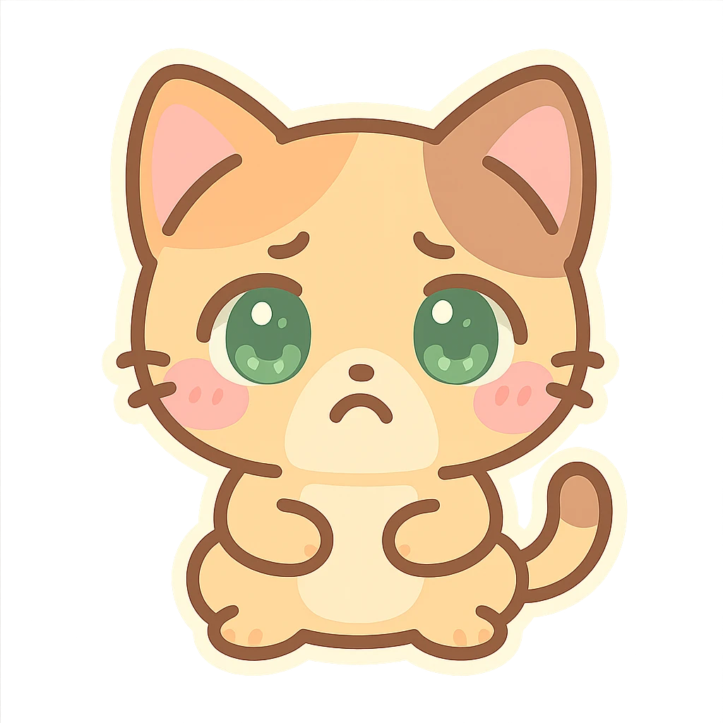 kawaii chibi-style cat emoji with pastel orange and brown cream fur, anime-style pouty expression, sparkly green eyes, blushing cheeks, pastel color palette, soft rounded design, vector art emoji