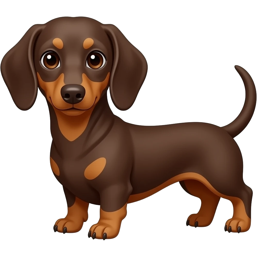 A chocolate and tan dachshund, but with a more dark auburn red color and very faint looking tan points;  brown colored eyes and a brown nose emoji