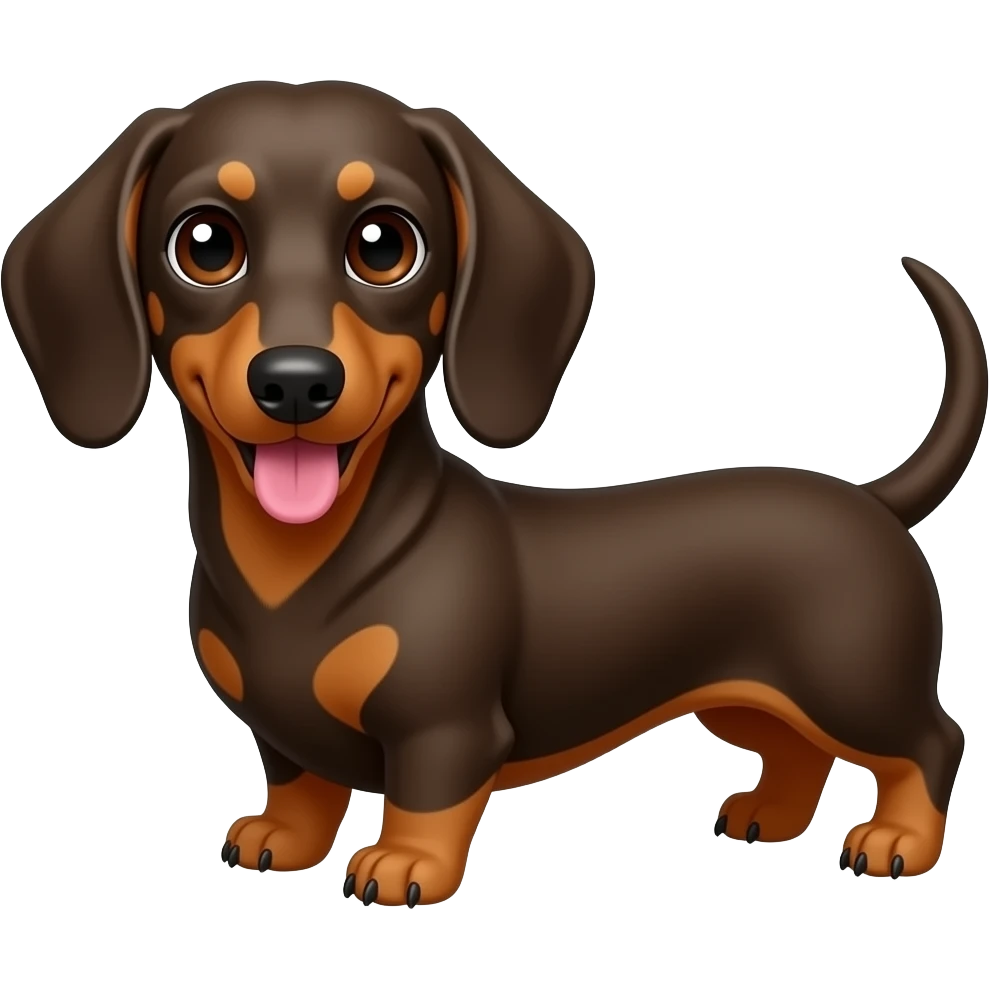 Dachshund with brown eyes, pink tounge with a black dot on it and a black nose emoji