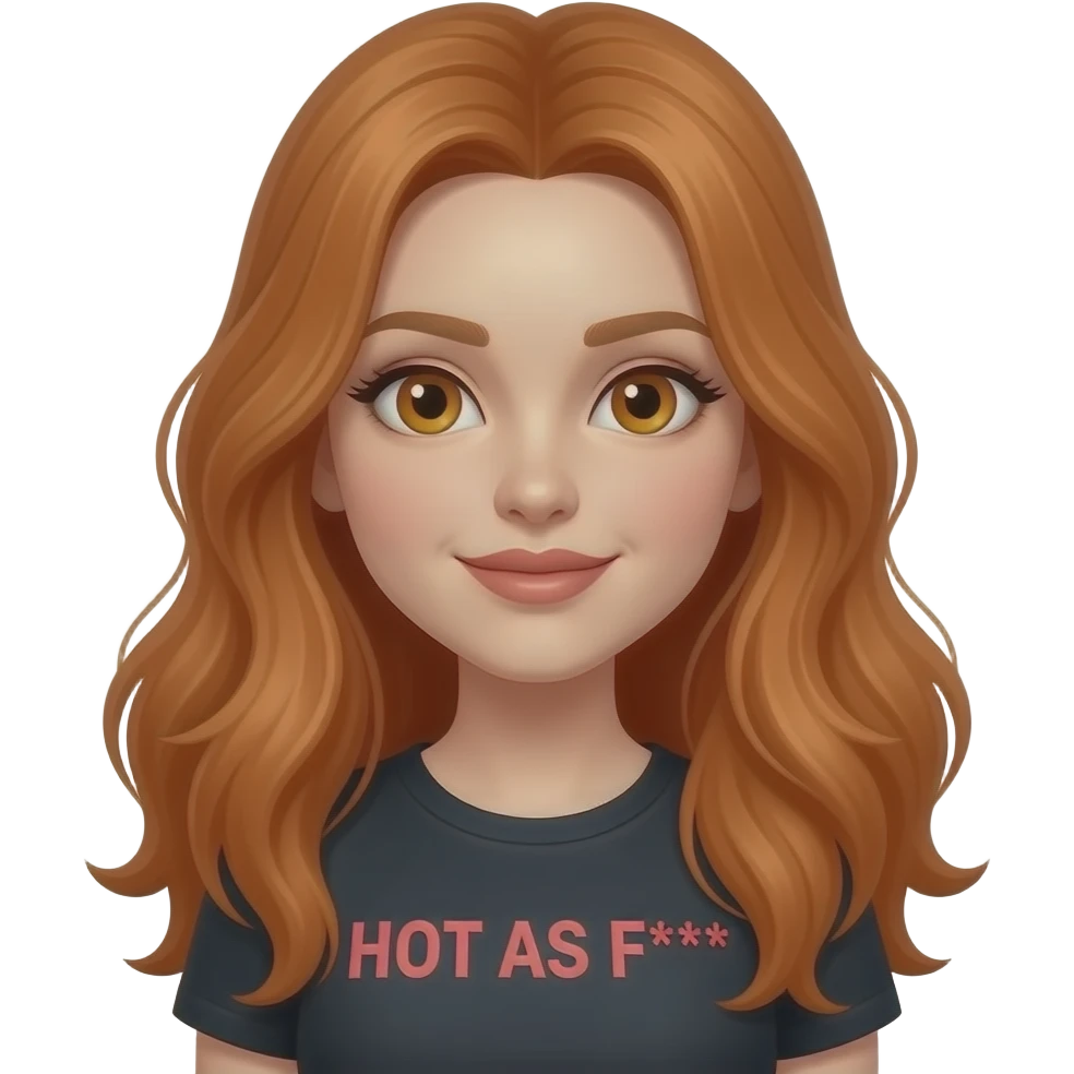 sexy girl with overlong ginger hair and ginger eyes a top with HOT AS F*** written on it emoji
