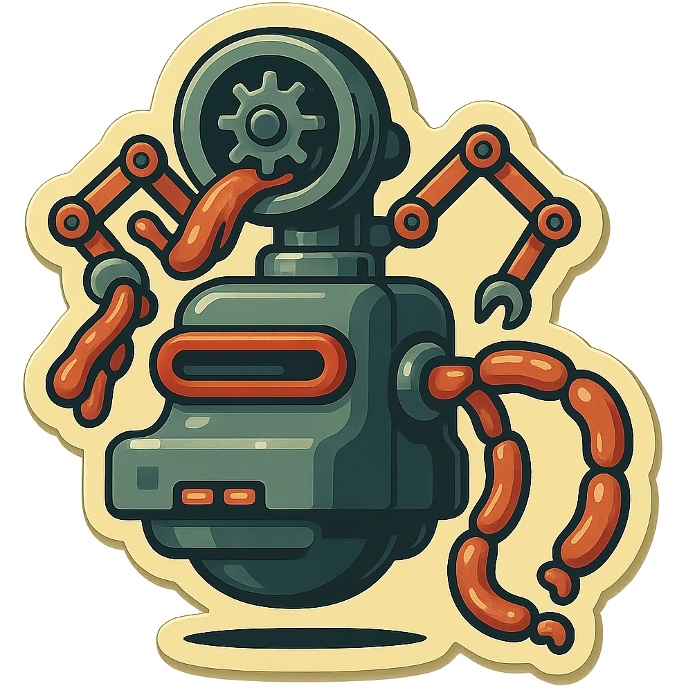 sausage-processing droid. retro-futuristic style. in front is a large industrial grinder rotating gears and blades. Two robotic arms feed material into grinder. Sausage links extrude from the rear like  factory. The body is metallic, compact, and floats above the ground.no legs. Dark humor emoji
