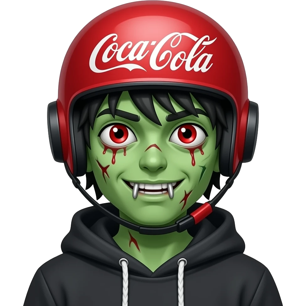A young zombie with red veins in his eyes, green skin, wearing silver grillz, and black hair falling over his decaying (torn) eyebrows. He has a Coca-Cola drinking helmet on his head and wears a marijuana hoodie. emoji