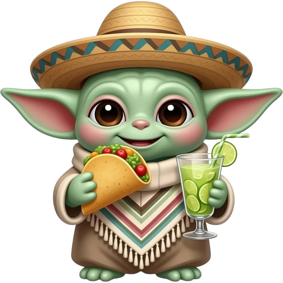 animated baby yoda eating tacos and guacamole,wearing a pancho and sombrero drinking a margarita emoji