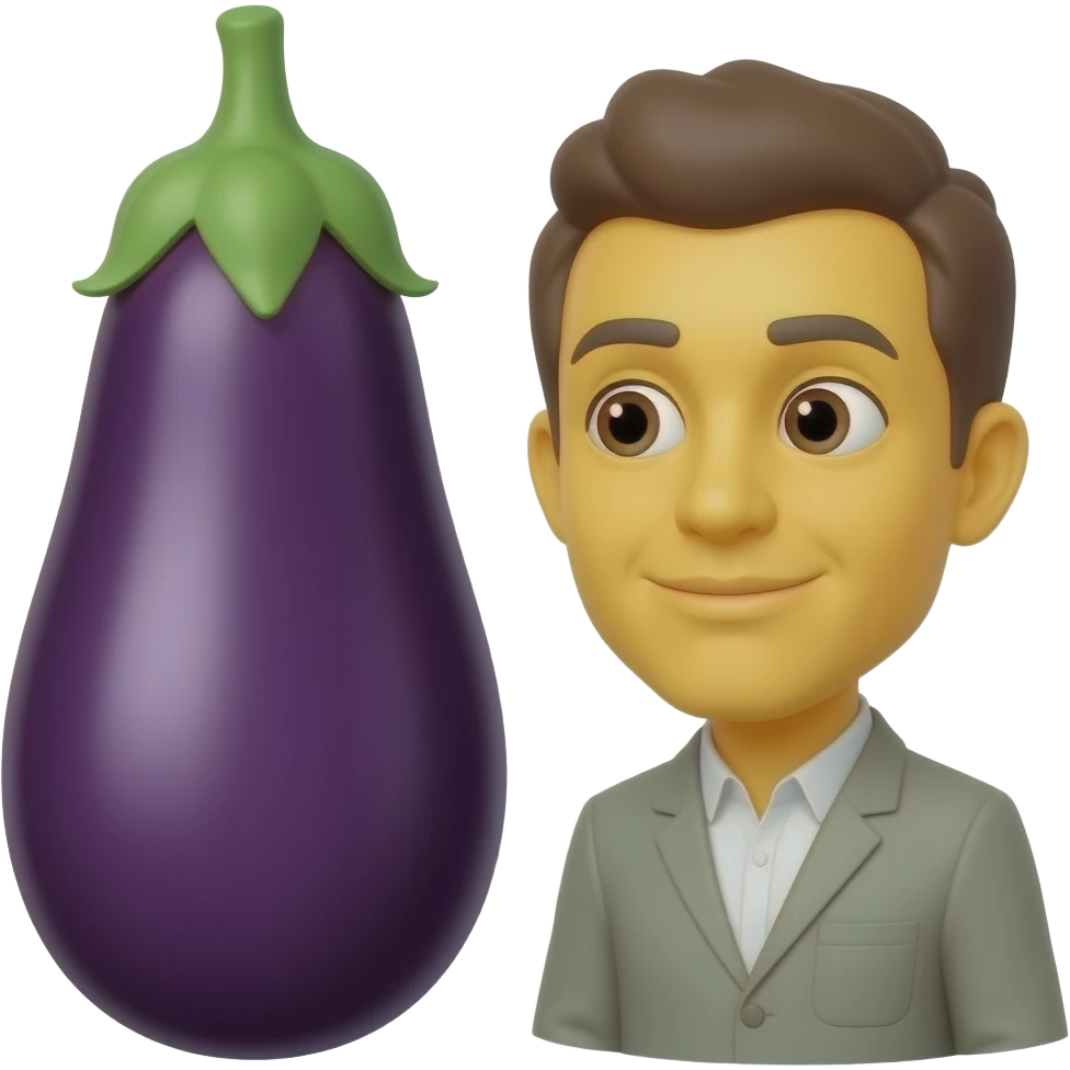 Yellow emoji face looking at one big eggplant and one small eggplant emoji