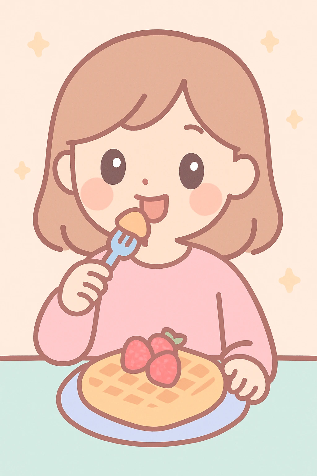 mujer comiendo wafles con frutilla, estilo soft girl, colores pastel, ambiente suave y acogedor emoji