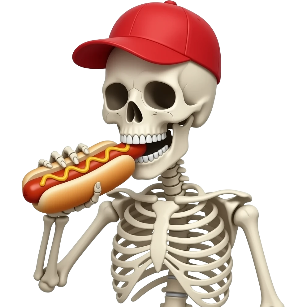 skeleton with eating hat red cap and eating hot dog emoji