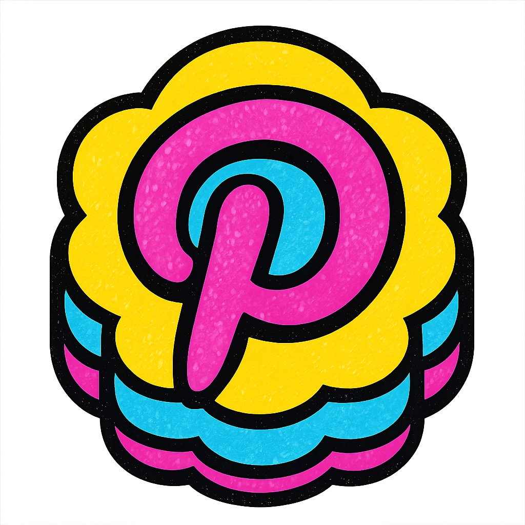 puffy cartoonish Pinterest logo with bold outlines, strong shadows, bright highlights, outlined colorful style emoji