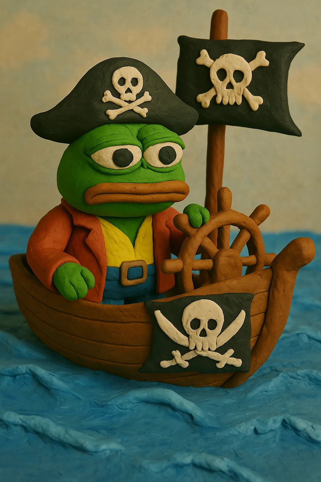 Add the exact skull and crossbones symbol to the pirate flag and the pirate hat in the claymation style image of Pepe the Frog dressed as a pirate sailing on a pirate ship in the ocean. emoji