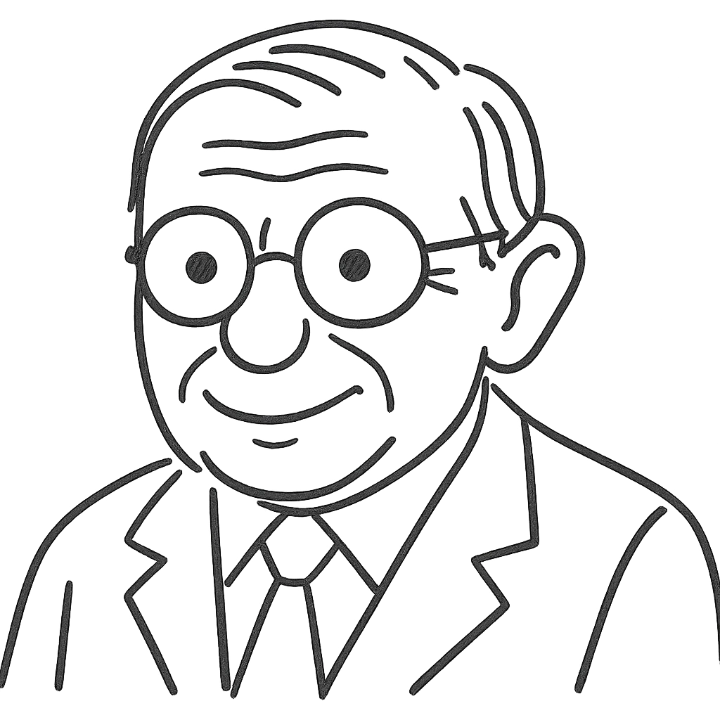 Enhance the Jean-Paul Sartre black outline icon by adding more detail while keeping the number of strokes moderate for clarity. Depict him with a happier expression, maintaining the hand-drawn outline style, round glasses, and transparent background. emoji
