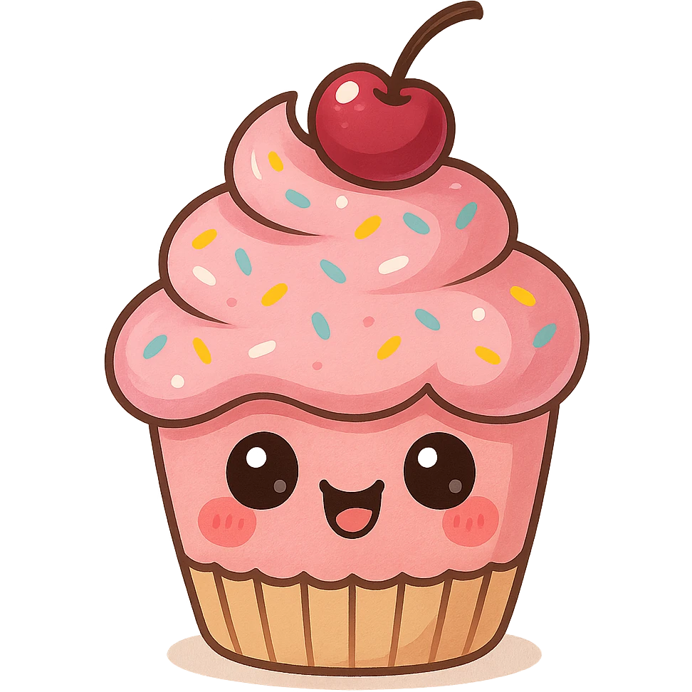 a cute pink cupcake with sprinkles and a cherry, original design, big eyes, blushing cheeks, joyful emoji