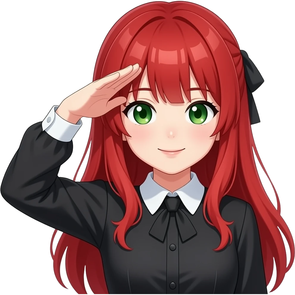 anime girl salute red hair green eyes black blouse with white collar emoji