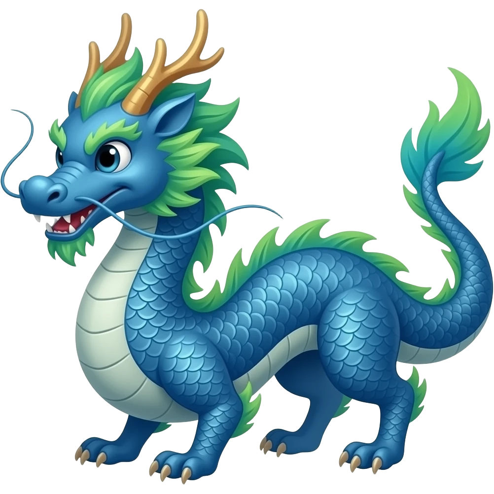 Blue Chinese dragon with green ombré feathers and silver eyes emoji